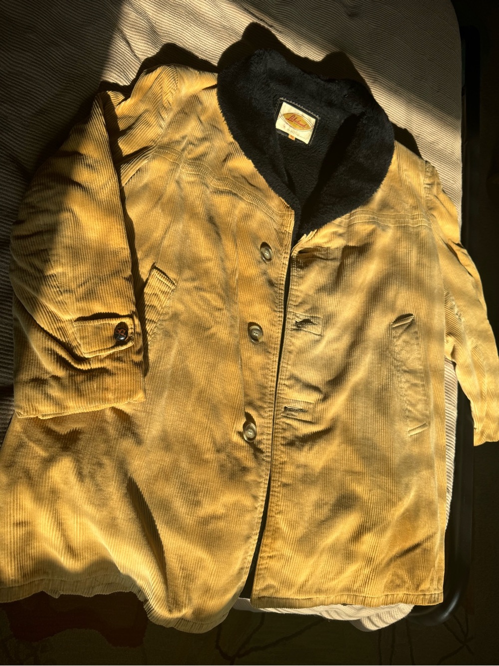 Men's Yellow Corduroy Pea Coat with Black Faux Shearling Collar